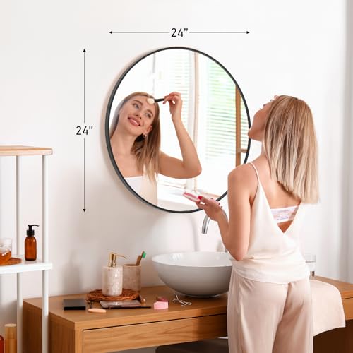 NEWBULIG 24IN Round Bathroom Wall Mirror, Modern Vanity Mirrors for Over Sink, HD Glass Decorative for Entryway, Bedroom & Living Room, Anti-Rust, Tempered Glass, Hanging or Leaning, Black - color: Black, size: 24.2"L x 24"W