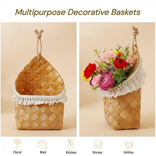 2 Pack Hanging Wall Baskets for Entryway & Front Door – Woven Wicker Baskets for Flowers, Mail, Keys – Boho Farmhouse Wall Decor Set for Plants