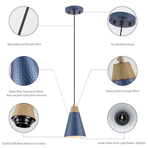 Dijiahua Blue Kitchen Pendant Lighting Over Island 3 Pack,Small Modern Farmhouse Chandeliers Navy Hammered Metal Shade,Mini Vintage Adjustable Cord Hanging Ceiling Lamp Fixtures Over Sink - color: Blue and Wood