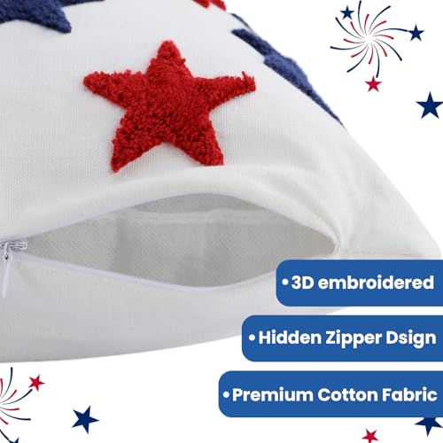 4 Pcs 4th of July American Flag Decorative Throw Pillow covers,18x18 Inch Tufted Embroidery Patriotic Star Cushion Cover Set, Independence Day Memorial Day Plush Decor Bedroom Outdoor Home Sofa Couch - size: 18" x 18" (Pack of 4)