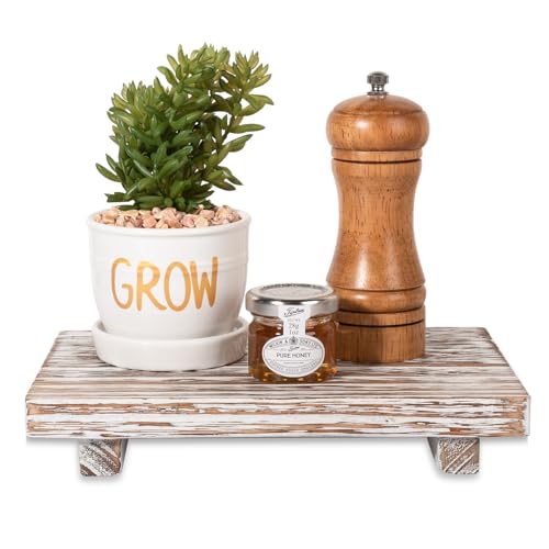 zoocatia Small Wood Tray Pedestal Stand Farmhouse Bathroom Decor Decorative Wooden Riser Kitchen Soap Dish Holder for Vanity, Counter, Sink, 9" x 5.9" - Retro White - color: Retro White, size: 9" x 5.9" x 1.6"