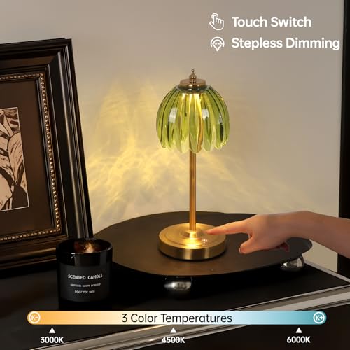 Shenmoyl Tulip Table Lamp with 5000mAh Battery & Touch Control, Cordless Table Lamp with 3 Colors, Dimmable Rechargeable Table Lamps for Bedroom, Nightstand, Living Room, Entryways (Green Tulip) - color: Green Tulip, size: 1 Pack
