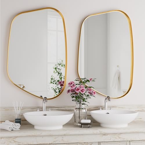 Irregular Wall Mirror 22"x30" Bathroom Mirrors Asymmetrical Artistic Decorative for Living Room Bedroom Bathroom Hallway Entryway,Trapezoid,Gold - color: Gold, size: 30"L x 22"W