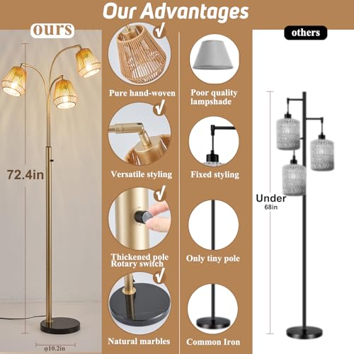 Gold Rattan Floor Lamp for Living Room, 72 Inch Tall Boho Floor Lamp with Rotary Switch, 3 Lights Arc Lamp with Wicker Shade for Coastal,Bohemian,Modern,Tree Farmhouse Standing Lamp - color: Gold
