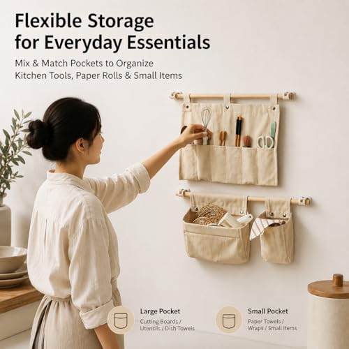 No Drill Canvas Wall Organizer with Mounting Clips, Hanging Pocket Organizer with Wooden Rod, Fabric Wall Storage for Bedroom, Bathroom, Entryway(Large) - size: Large