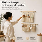 No Drill Canvas Wall Organizer with Mounting Clips, Hanging Pocket Organizer with Wooden Rod, Fabric Wall Storage for Bedroom, Bathroom, Entryway(Large) - size: Large