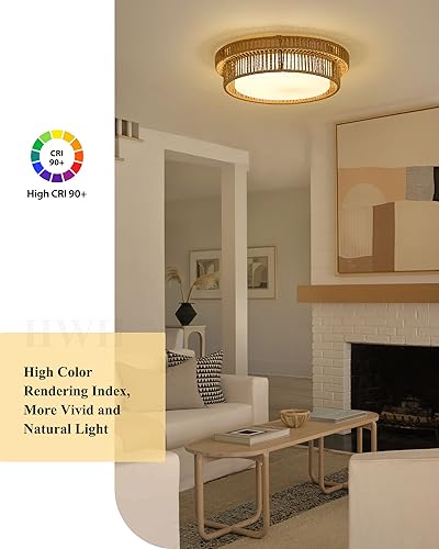 Boho Light Fixtures Ceiling 15W LED, HWH 13'' Woven Rattan Flush Mount Ceiling Light, Handwoven Twine Cage Light Fixtures 5CCT, 5HYS78F-LED - color: Beige, size: 13 Inch