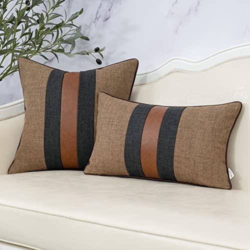 Yangest Patchwork Pillow Cover 20x20 Inch Luxury Cotton and Linen Cushion Cover Faux Leather Pillowcover for Couch Bedroom Living Room, Brown - color: L-coffee Brown, size: 20" x 20" (Pack of 1)