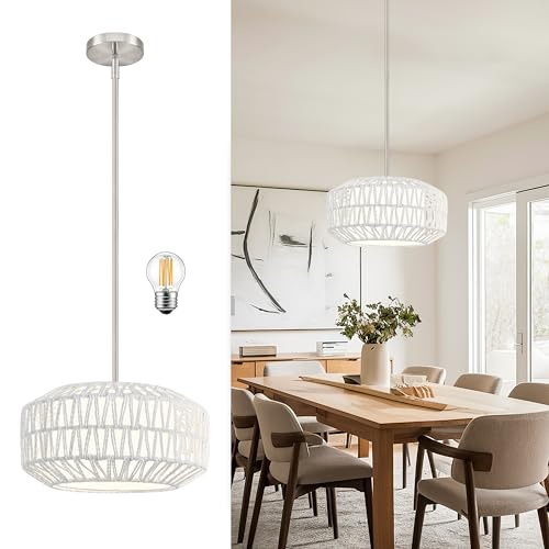 12.6 inch White Rattan Light Fixture Woven Pendant Lights Rustic Light Fixtures Fabric Shade Boho Chandelier for Dinning Room Kitchen (Bulb Incl.) - color: 12.6"-White-Prism