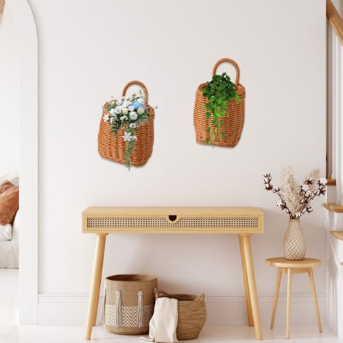 Wicker Wall Hanging Baskets,2 Pcs Handmade Rattan Hanging Wall Baskets for Plants,Flowers,Fruit,Vegetable and Magazines,Woven Wall Mount Decorative Basket for Kitchen, Living Room (Bucket) - color: Bucket