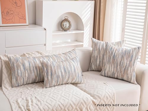 Boho Couch Throw Pillow Covers 18x18 Inch Set of 2 Grey Blue Striped Decorative Pillow Covers Chenille Accent Pillowcase Farmhouse Cushion Covers for Home Decor Sofa Living Room Bedroom - color: Blue Grey Striped