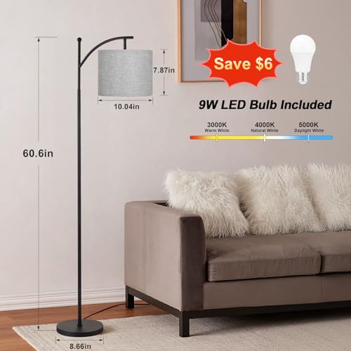 Ambimall 60" Floor Lamp for Living Room with 3 Color Temperatures, Adjustable Grey Shade with Black Pole, Tall Lamp for Bedroom Office Classroom Dorm Room, 9W Bulb Included - color: Grey & Black