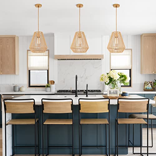 Woven Pendant Lights Hanging Lamp with 12" Hand Rattan Basket Shade Antique Brass Brush Paint Finish for Kitchen Island Farmhouse Dining Room Bar Bedroom Foyer Hallway - color: A- Brass