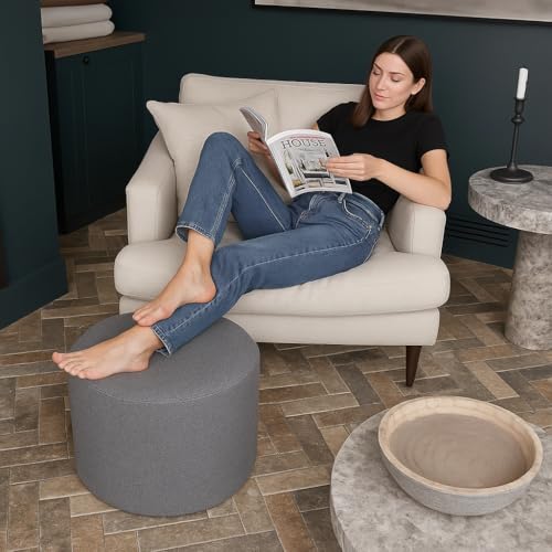 Grey Round Ottoman Foot Rest Stool – Modern Boucle Fabric Footstool with Soft Foam Filling, Lightweight Pouf for Living Room, Bedroom, Home Office – Neutral Grey - color: Grey