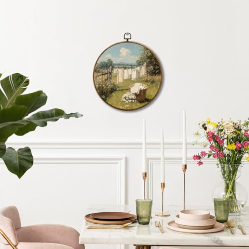 JUIOEIU Vintage Farmhouse Country Laundry Room Round Wall Decor, Cottagecore Laundry Day Framed Canvas Prints, Rustic Landscape Wall Art Hanging Decorations for Home Bedroom Living Room Decor, 10x10in - color: Laundry room01