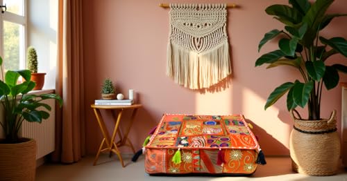 CRAFT KALA Indian Square Patchwork Traditional Pouf Cover Indian Living Room Poufs Decorative Embroidered Designer Ottoman Home Living Footstool Chair Cover Decor Pillow Cover 18x18x5 inches, Orange - color: Orange, size: 18"D x 18"W x 5"H