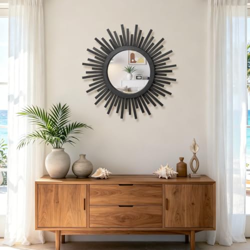 18 Inch Boho Sunburst Mirror, Round Wooden Wall Decor Starburst Sun Mirror for Bedroom, Living Room, Bathroom, Hallway, Balcony, Farmhouse Entryway, Housewarming Gift（Black - color: Black, size: 18"L x 18"W