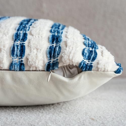 Caflife Boho Lumbar Throw Pillow Covers 12x20 Inch Set of 2, Farmhouse Blue Striped Textured Chenille Decorative Couch Pillow Cases, Rustic Accent Cushion Covers for Sofa Bed Living Room Bedroom - color: Blue, size: 20" x 12" (Pack of 2)