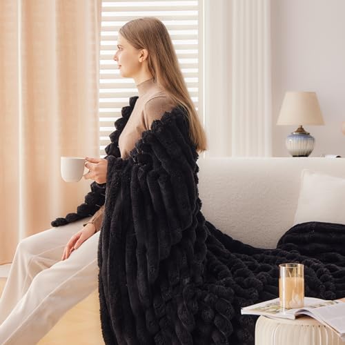 NEWCOSPLAY Super Soft Twin Blanket Black Premium Silky Flannel Fleece 3D Ribbed Jacquard Lightweight Bed Blanket All Season Use (Black Ribbed, Twin(60"x80")) - color: Black Ribbed, size: Twin(60"x80")