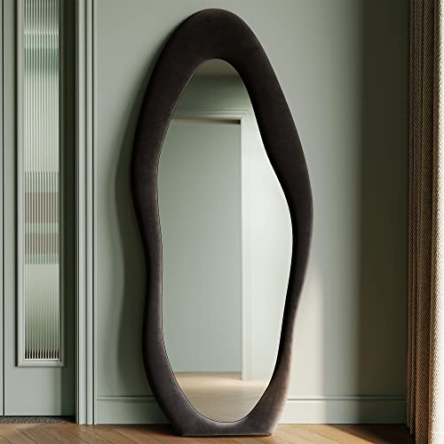 Honyee Full Length Mirror, 63" x 24" Wall Mirror, Flannel Wrapped Wooden Frame Floor Mirror, Irregular Wavy Mirror Hanging or Leaning Against Wall for Cloakroom/Bedroom/Living Room, Black - color: Black, size: 63"L x 24"W