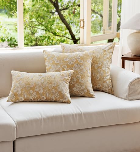 Spring Floral Woven Pattern Throw Pillow Cover Decorative Vintage Farmhouse Home Decor Textured Cushion Case for Couch Sofa Bed Living Room Bedroom (Yellow, 12x20 (Pack of 1)) - color: Light Yellow, size: 20" x 12" (Pack of 1)