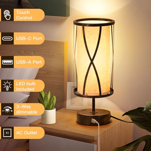 Distressed Table Lamps for Living Room, 3 Way Dimmable Touch Lamps, Small Bedside Lamps with LED Bulbs, USB Ports C+A, Nightstand Lamp for Kids Room, Bedroom, Office (1 Pack Iron) - size: 1 Pack Iron
