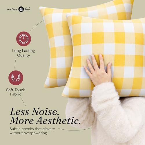 Native Fab Premium Throw Pillow Covers 2 Pack, 16x16 Inches, 100% Cotton, Vibrant Buffalo Plaid, Summer Check Cushion Cases, Bright Farmhouse Accent for Living Room, Outdoor, Lemon Yellow & White - color: Buffalo Lemon Yellow, size: 16" x 16" (Pack of 2)