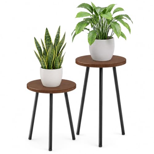 2 Pack Plant Stand Set: Small Round Plants Stand Indoor Wood Grain Plant Tables with Metal Legs - Indoor Outdoor Plant Stands for Living Room, Bedroom, Patio, Balcony, Brown, 150 lbs Capacity - color: Walnut, size: 14"&20"