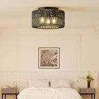 12.6”Rattan Flush Mount Ceiling Light Fixtures, 3-Light Boho Light Fixture Rattan Hand-Woven Chandelier Close to Ceiling Light Fixture for Bedroom Hallway Kitchen Dining Room Nursery(Black) - color: 12.6”Black
