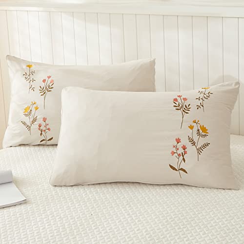 Flower Pillowcases, Cream Pillow Cases Set of 2, 100% Washed Microfiber, Boho Chic Farmhosue Embroidered Flower Pillow Cover, 2 Pack (Queen, Beige Flower) - color: Beige-01, size: Queen, 20" x 30" (Pack of 2)