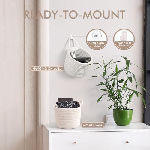 Fabric Wall Hanging Baskets - 3Pack Woven Pouchs Boho Style Wall Mounted Bag with Adhesive Hooks, Storage Organizers and Decoration Pocket Caddy Bins on Door Rack (White & White, Large) - color: White & White