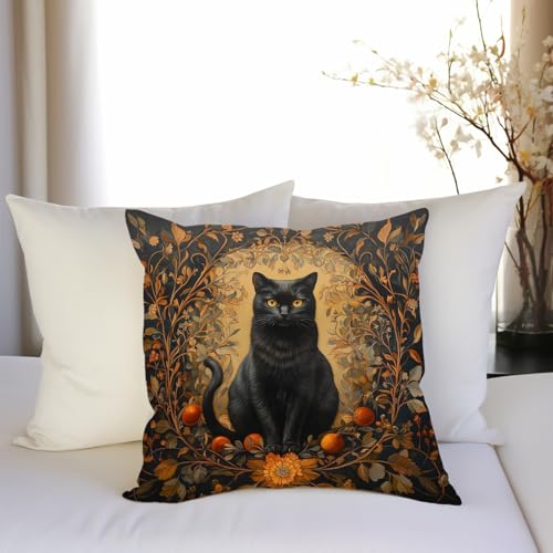 YOU FOUND ME William Morris Abstract Vintage Black Cat Design Throw Pillow Cover Home Decor, Art Decor Pillowcase Cushion Cover for Bed Sofa Living Room, Indoor and Outdoor 18x18inch (Black Cat2) - color: Black Cat2