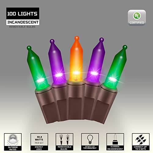 100LIGHTS Orange Purple and Green Extra-Bright with End Connectors Halloween Decorative Lights 5.98m UL Certified Mini String Light Set Waterproof for Halloween Home Garden Tree Party Patio - color: Brown Wire Orange&Purple&Green, size: 100 COUNT-1PACK