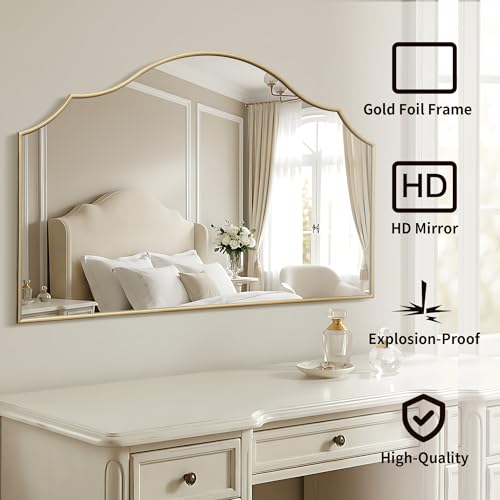 Besdomus Oversized Scalloped Gold Mirror: 54"x34" Modern Minimalist Wood Frame Wall Mirror - Decorative Fireplace Arched Mirrors for Bathroom/Entryway/Vanity/Living Room - Home Decor for Fashion Women - color: Gold Leaf, size: 34"L x 54"W
