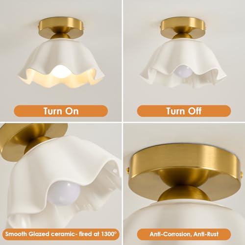 Glaze Ceramic Semi Flush Mount Ceiling Light - 2 Pack, Vintage Gold Hallway Light Fixtures, Flower White Globe Ceiling Lights, Mid Century Small Light Fixture for Cottage Entryway Laundry Room Foyer - color: Glaze Flower Ceramic-Gold