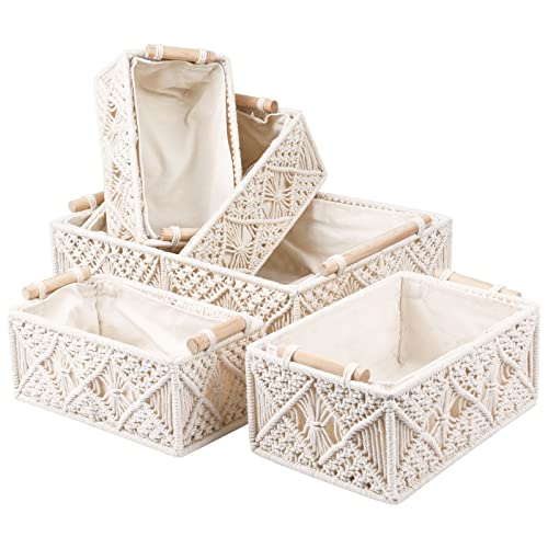 ANMINY 5PCS Macrame Storage Baskets for Organizing Boho Decor Baskets Storage Bins with Wood Handles Handmade Decorative Storage Boxes with Removable Liner Toilet Tank Bathroom Self Basket Organizer - color: Off White (Set of 5)