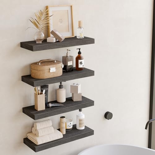 Fixwal 15.7in Floating Shelves, Rustic Wood Finish Wall Shelves Set of 4, Shelves for Wall Decor, with Invisible Brackets for Bathroom, Living Room,Bedroom and Kitchen(Gray) - color: Grey, size: 15.7in
