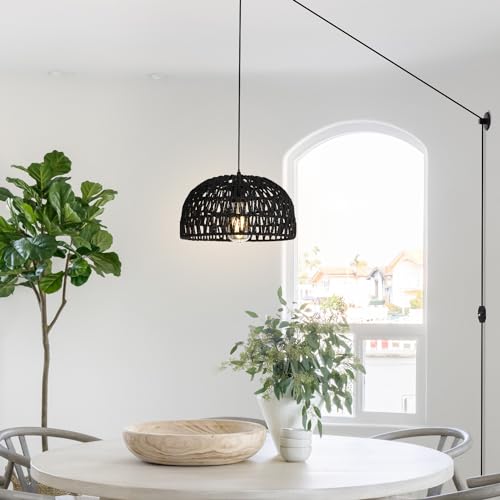 HuisMier Rattan Hanging Lamp Plug in Pendant Light, 15 Ft Hanging lamp with Wicker Woven Basket Lampshade, Dimmable Boho Hanging Lamp for Dining Room Living Room Bedroom, Black - color: Rattan Black