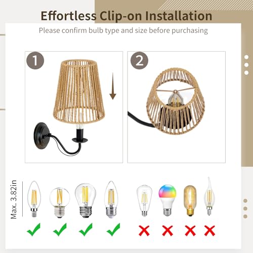 3PCS Chandelier Lamp Shades,Rattan Lamp Shade Clip-on Rattan hanging lamp Shade,Natural Touch Hand Woven Lampshade for Chandeliers, Pendants, Wall Sconces, 3.9 x 5.6 x 5.4 in