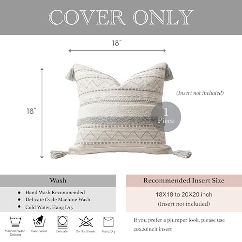 BlissBlush 18X18 Throw Pillow Cover, Cream Neutral Square Decorative Cushion Cover with Gray Pattern, Boho Accent Pillowcase with Tufted Details and Tassels for Couch Sofa Living Room (Cover Only) - color: Gray, size: 18" x 18" (Pack of 1)