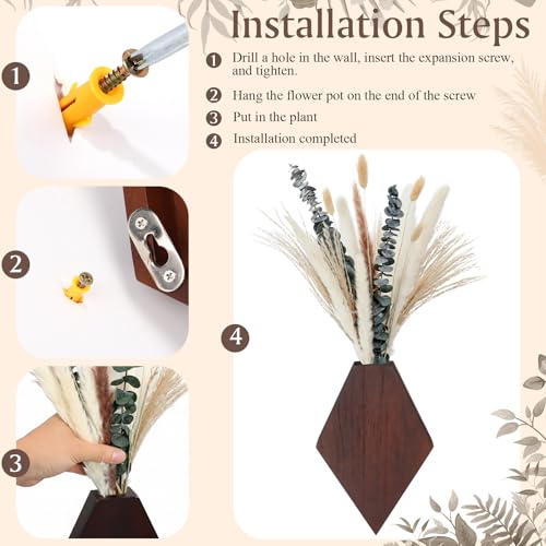 2 Pcs Bohemian Wooden Wall Planter Set with Pampas Grass Modern Farmhouse Wall Decor for Living Room, Bathroom, Bedroom, Office(Brown,Natural Style) - color: Brown, style: Natural Style