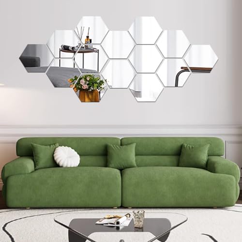 Mirror Wall Stickers - 12PCS Hexagon Art DIY Decorative Acrylic Sheet Plastic Tiles Home Living Room Bedroom Sofa TV Background Decal Decoration - color: Silver