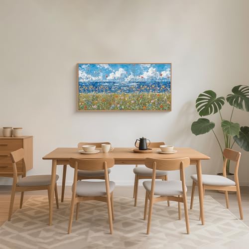 BICERE Large Blue Seaside Wildflower Framed Canvas Wall Art,Modern Nature Ocean Wall Decor,Rustic Sky Printing,White Cloud Landscape Artwork for Living Room,Bedroom,Dining Room-20"x40"x1 - color: Seaside Flowers Wall Art, size: 40"L x 20"W