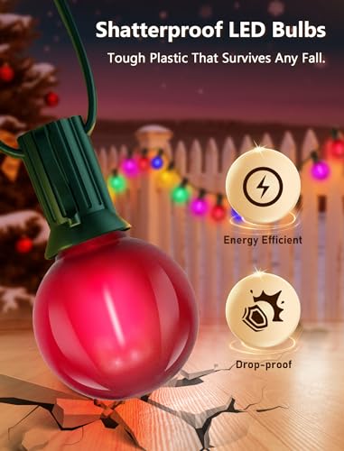 50Ft G40 LED Multicolor Christmas Lights Outdoor, Shatterproof Frosted Globe String Lights with 27 Ceramic Bulbs(2 Spare), Waterproof Hanging Patio Lights for Bistro Porch Party Holiday Decorations - color: Frosted Multicoloured-Green, size: 50FT