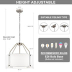 18 Inches Drum Chandeliers, Silver Drum Pendant Light Fixture with White Linen Fabric Shade, White Chandelier Adjustable Modern Farmhouse Hanging Lights for Dining Room Bedroom Kitchen Foyer - color: 18Inch Nickel&White