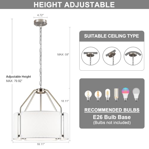 18 Inches Drum Chandeliers, Silver Drum Pendant Light Fixture with White Linen Fabric Shade, White Chandelier Adjustable Modern Farmhouse Hanging Lights for Dining Room Bedroom Kitchen Foyer - color: 18Inch Nickel&White