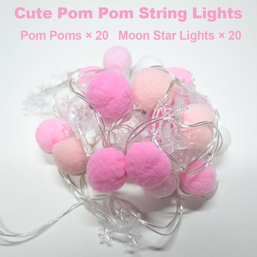 ChiRee Indoor String Lights 6.56 Feet Pom Poms Moon Lights 20 LED Battery Operated String Fairy Lights Warm White Globe Lights Colorful Decor Lights for Home Bedroom Kids Playhouse Holiday Christmas - style: Moon-Pink