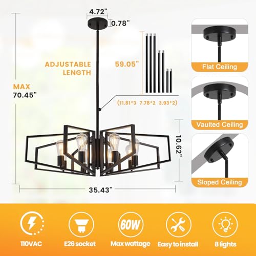 WJShome 8-Light Black Chandelier, Farmhouse Dining Room Light Fixture, Modern Industrial Ceiling Foyer Lighting Fixtures, Geometric Pendant Lights Kitchen Island, for Bedroom,Stairway, Entryway - color: 01-Black