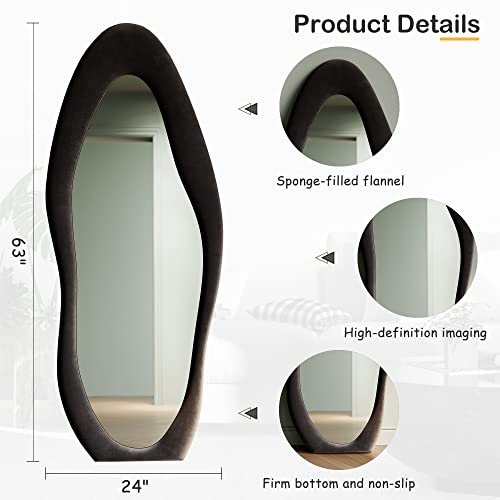 Honyee Full Length Mirror, 63" x 24" Wall Mirror, Flannel Wrapped Wooden Frame Floor Mirror, Irregular Wavy Mirror Hanging or Leaning Against Wall for Cloakroom/Bedroom/Living Room, Black - color: Black, size: 63"L x 24"W