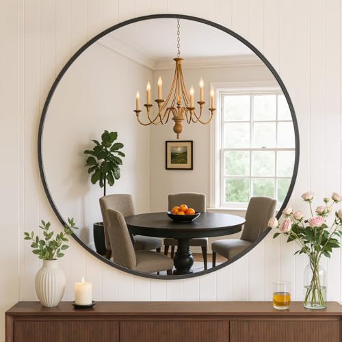 Bathroom Mirror for Wall, 20 Inch Round Mirror, Matte Black Metal Framed Circle Vanity Mirrors for Bathroom Bedroom Living Room Entryway, Anti-Rust, Tempered Glass, Hanging or Leaning - color: Matte Black, size: 20"L x 20"W, style: Round